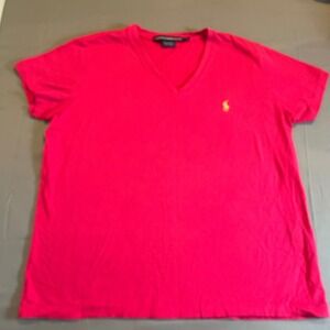 Ralph Lauren Sport Women's Pink V Neck T Shirt Short Sleeve Polo Logo Size L